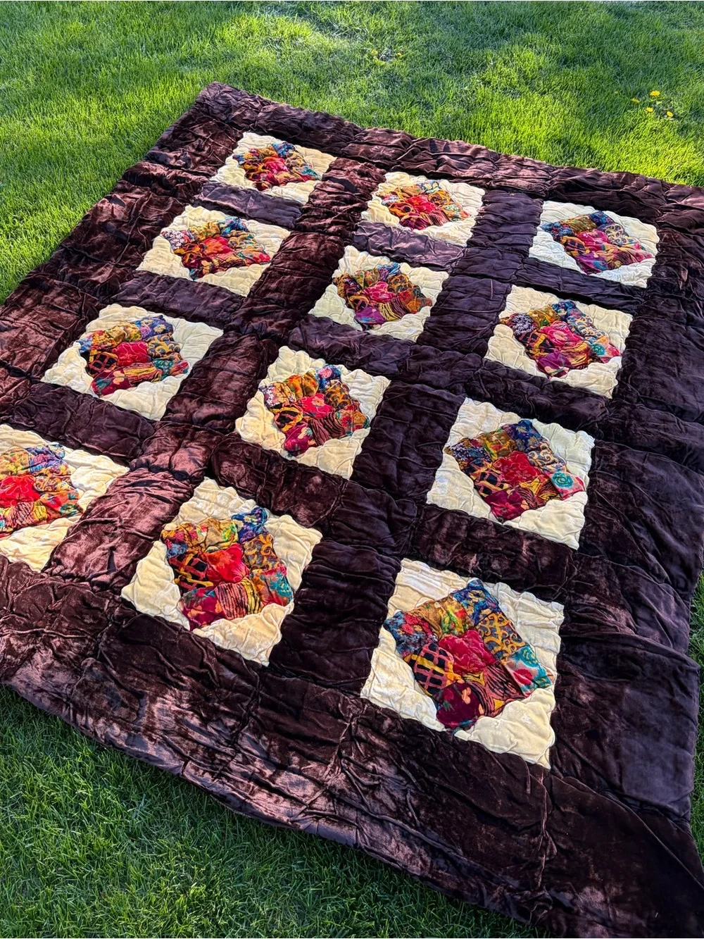 Vintage 70s 1970 patchwork quilted velvet velour quilt comforter blanket boho